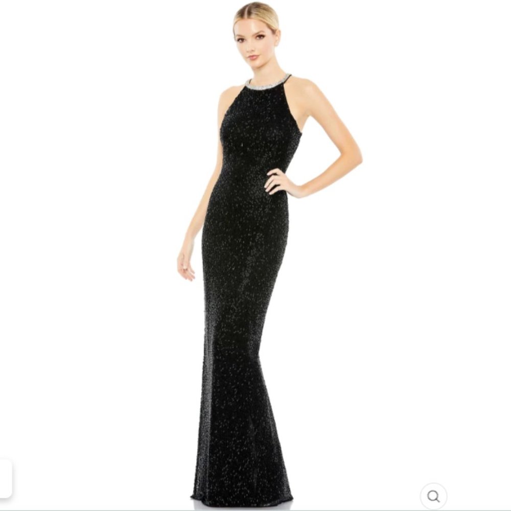 BEADED SLEEVELESS HIGH NECK COLUMN GOWN Size 8 COLOR — Black New With Tags
